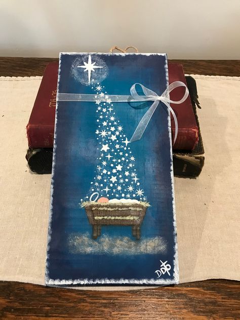 Nativity Painting, Wood Nativity, Beautiful Night Sky, The Birth Of Christ, Christian Decor, Beautiful Night, Christmas Paintings, Christmas Items, Christmas Pictures