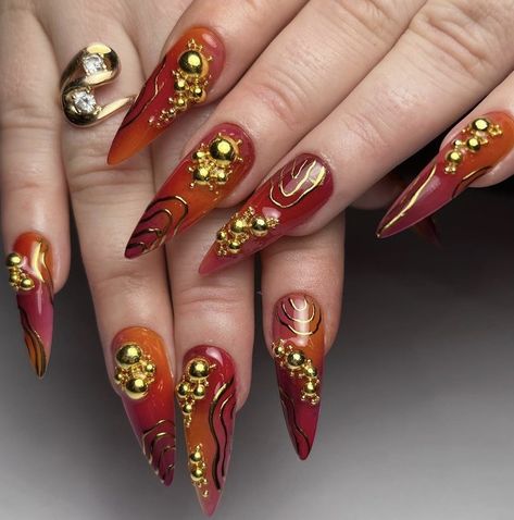 Maximalist Nails Aesthetic, Red And Gold Nails Aesthetic, Red Orange Aura Nails, Gold Aura Nails, Earthy Nails Acrylic, Earth Nails, Yellow And Orange Aura Nails, Gold Maximalist Nails, Nail Ink