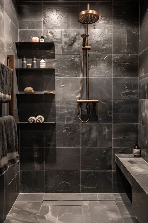 This pin features elegant black tile shower inspirations, showcasing unique designs to enhance your bathroom space and create a stylish home retreat. Bathroom Upgrade Ideas, Dark Tile Bathroom Ideas, Shower With Dark Grout, Master Bathrooms Remodel Ideas, Tiles Combination For Bathroom, Bathroom Ideas Shower Walk In, Black Honeycomb Tile Bathroom, Black Marble Shower Walls, Unique Shower Tile Ideas