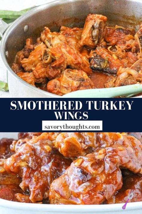 Simple, savory and totally comforting, this Smothered Turkey Wings dish takes tender and juicy turkey wings and smothers them in a moreish homemade gravy. #delicious #easyrecipes #savorythoughts @Msavorythoughts | savorythoughts.com Smothered Turkey Wings Recipe, Turkey Wings Recipe, Smothered Turkey, Smothered Turkey Wings, Baked Turkey Wings, Vegan Thanksgiving Dinner, Easy Cheap Dinner Recipes, Juicy Turkey, Smoked Turkey Recipes