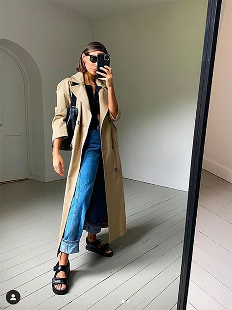 Trench coat, tank top, jeans, sandals Dad Sandals Outfit, Le Catch, Sporty Sandal, Ribbed Sweater Dress, Sandals Outfit, Ribbed Knit Dress, Minimal Chic, 가을 패션, Casual Fall Outfits