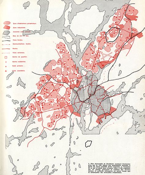 1955-Architecture_D_Aujourd_Hui-63-Dec-61-web Maps Design, Urban Mapping, Cartography Map, Map Diagram, Urban Design Diagram, Urban Analysis, Urban Design Graphics, Architecture Mapping, Karten Design