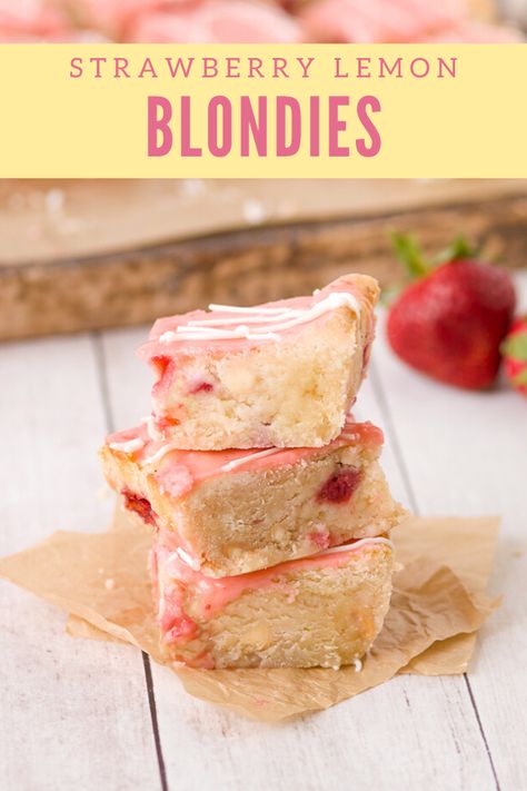 With white chocolate chips, fresh strawberries, and a slightly tart lemon flavor these strawberry blondies are a delicious dessert and the recipe is so easy you can make it from scratch is less than 30 minutes. #blondies #strawberryrecipes #dessert Strawberry Lemon Blondies, Strawberry Blondies, Lemon Blondies, White Chocolate Desserts, Picnic Desserts, Blondie Recipe, Blondie Bar, Fresh Strawberry Pie, Lemon Icing