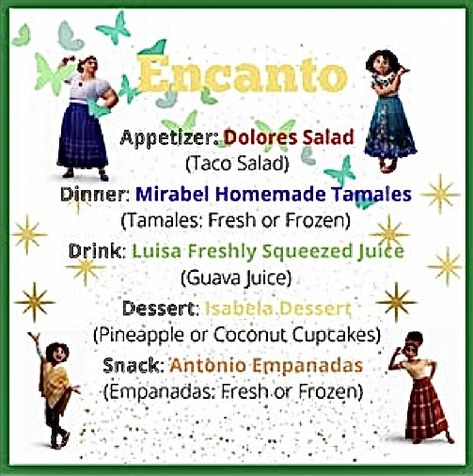 Disney Movie Themed Snacks, Inside Out 2 Dinner Ideas, Encanto Movie Night Food, Encanto Movie Night, Zootopia Dinner Ideas, Movie Themed Food, Disney Meals From Movies, Encanto Dinner And A Movie, Disney Movie Night Dinner Moana