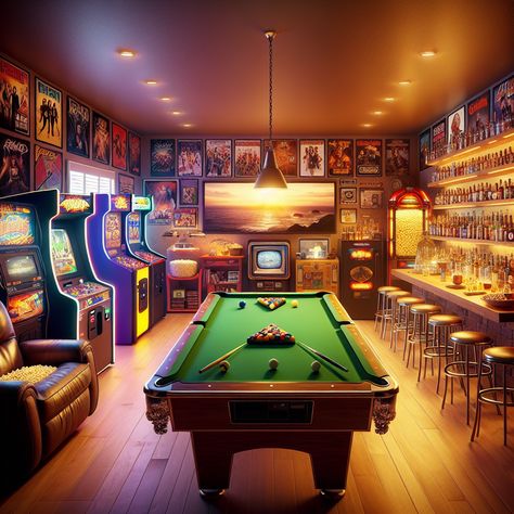 Witness the ultimate man-cave, designed for ultimate fun and relaxation. Enjoy games on the pool table, watch sports on the huge HD flat screen TV, sip on your favorite beer, or simply recline on the leather chair. The room boasts an arcade corner, a vintage jukebox, a well-stocked bar, and rock band posters, making it a paradise for leisure. 

#Mancave #UltimateRelaxation #GameRoom #VintageJukebox #HomeBar #SportsLounge Cool Game Room Ideas, Cozy Man Cave, Cool Game Room, Gym Corner, Room Ideas Men, Posters Making, Game Room Ideas, Table Watch, Pool Table Room