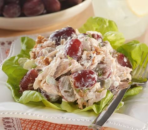 Recipe - Chicken Salad with Red Grapes, Walnuts and Blue Cheese | Costco Mango Chutney Chicken, Waldorf Chicken Salad, Chutney Chicken, Whole30 Chicken Salad, Chicken Salad With Grapes, Whole30 Chicken, Mango Chutney, Homemade Mayonnaise, Poached Chicken