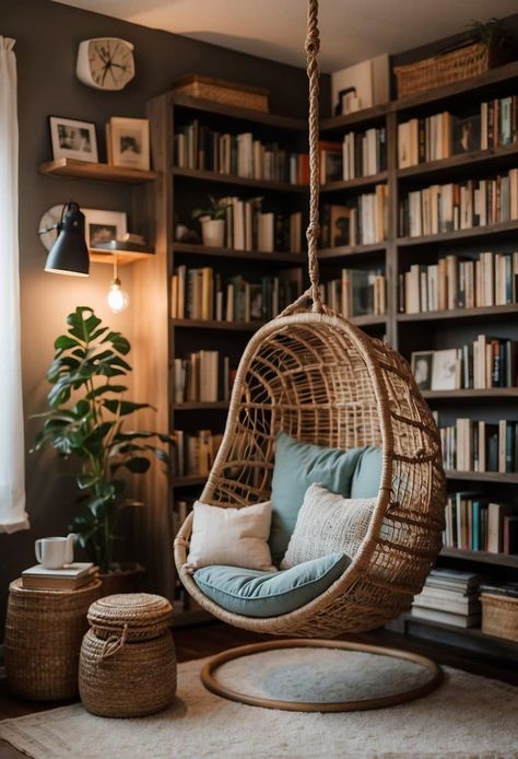 25 Cozy Reading Nook Ideas for Book Lovers Reading Corner With Hanging Chair, Kids Room Hanging Chair, Bedroom Swing Chair, Swing Chair Bedroom, Kids Hanging Chair, Library Nook, Bedroom Swing, Ceiling Chair, Bookshelf Room