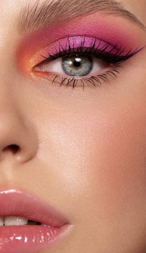 80s Eye Shadow, Subtle 80s Makeup, Pink Orange Eye Makeup, Tropical Eye Makeup, Makeup Ideas Pink Eyeshadow, Tropical Eyeshadow Looks, Pink 80s Makeup, Neon Pink Eyeshadow Looks, Pink And Orange Eyeshadow Looks