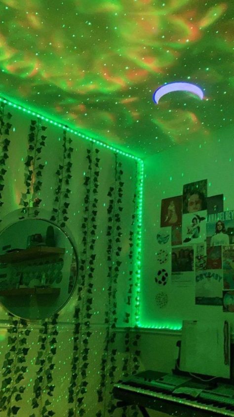 #neon room Green Led Room Aesthetic, Neon Green Room Aesthetic, Neon Green Bedroom Ideas, Vines In Bedroom With Led Lights, Slytherin Dorm Room Ideas, Harry Potter Room Decor Bedroom Ideas Slytherin, Green Led Lights Aesthetic, Sage Green Teenage Girl Bedroom, Green Vines Bedroom Decor