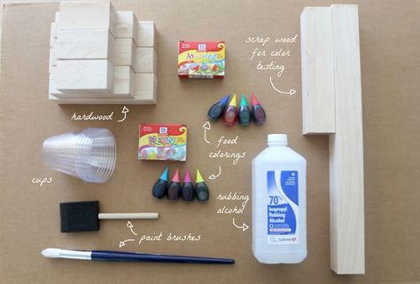 Nontoxic Wood Stain: 1 tbs rubbing alcohol to 10 drops food coloring Diy Wood Blocks, Diy Wooden Toys, Diy Wood Stain, Wooden Toys Diy, Healthy Colors, Wood Stains, Diy Holz, Toy Blocks, Wood Stain