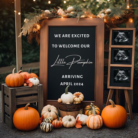 October Baby Gender Reveal Ideas, Gender Reveal September, Pumpkin Patch Gender Reveal Party, Pumpkin Themed Gender Reveal Party Ideas, Fall Baby Shower Decorations Boy, Fall Pregnancy Announcement With Sibling, Fall Gender Reveal Ideas Autumn, A Pumpkin Is On The Way, Gender Reveal Ideas November