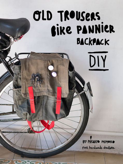 Upcycle an old pair of jeans into a bike pannier! Bike Accessories Diy, Diy Rucksack, Backpack Handmade, Cb 450, Bicycle Diy, Bicycle Panniers, Biking Diy, Bike Panniers, Diy Sac