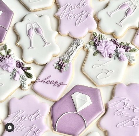 Purple Bachelorette Party, Lavender Engagement, Purple Cookies, Pearl Bridal Shower, Wedding Shower Cookies, Bridal Cookies, Purple Bridal Shower, Bridal Shower Inspo, Wedding Shower Themes