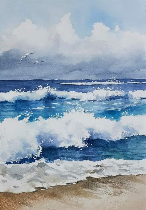 Drawing Ideas Easy Aesthetic, Watercolor Wave, Learn Watercolor Painting, Drawing Ideas Easy, Landscape Quilts, Diy Watercolor Painting, Watercolor Projects, Seascape Art, Watercolor Painting Techniques