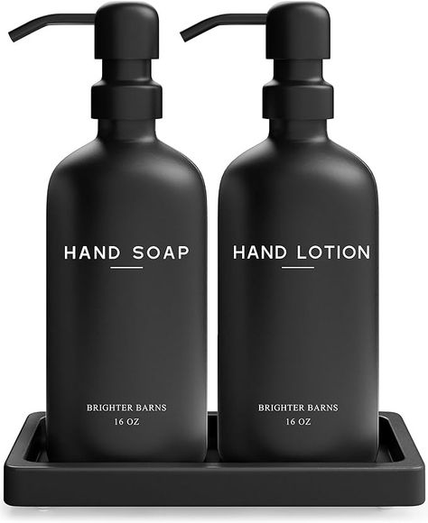 Amazon.com: Black Glass Soap Dispenser Bathroom Set by Brighter Barns - Modern Soap and Lotion Dispenser Bathroom Set - Liquid Hand Soap Dispenser Tray and Pump Set - Black Bathroom Accessories & Decor (Black) : Home & Kitchen Soap And Lotion Dispenser Set, Glass Soap Dispenser Bathroom, Soap Dispenser Tray, Soap Dispenser Bathroom, Bathroom Containers, Sink Soap Dispenser, Black Bathroom Accessories, Glass Soap Dispenser, Hand Soap Dispenser