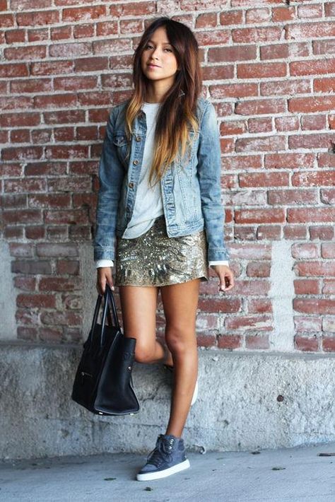 Click for cute ways to wear a sequin skirt this holiday party season. One of our favorites? Wear a white tee and denim jacket like Sincerely Jules. High Top Outfit, Sneaker Outfit Fall, How To Wear Denim Jacket, Sequin Skirt Outfit, Skirt Styling, Fashion Tricks, Shiny Skirts, Sequined Skirt, How To Wear Sneakers