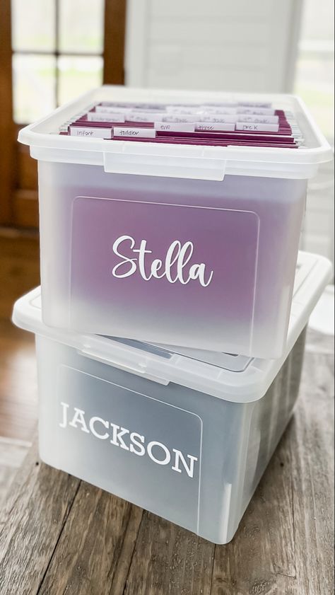 Kids School Memory Storage, Storage For Kids School Work, File Box For Kids School Work, Kids File Boxes, Cricut Labels For Storage Bins, Kids Artwork Storage, File Box Organization, Paperwork Storage, Artwork Storage