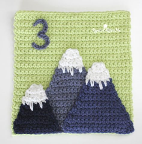 3 Mountains - Crochet Quiet Book Page 3 - Repeat Crafter Me Crochet Quiet Book, Mountain Applique, Bernat Super Value Yarn, Leg Warmers Crochet Pattern, Leg Warmers Pattern, Snow Capped Mountains, Crochet Applique Patterns Free, Repeat Crafter Me, Crochet Leg Warmers