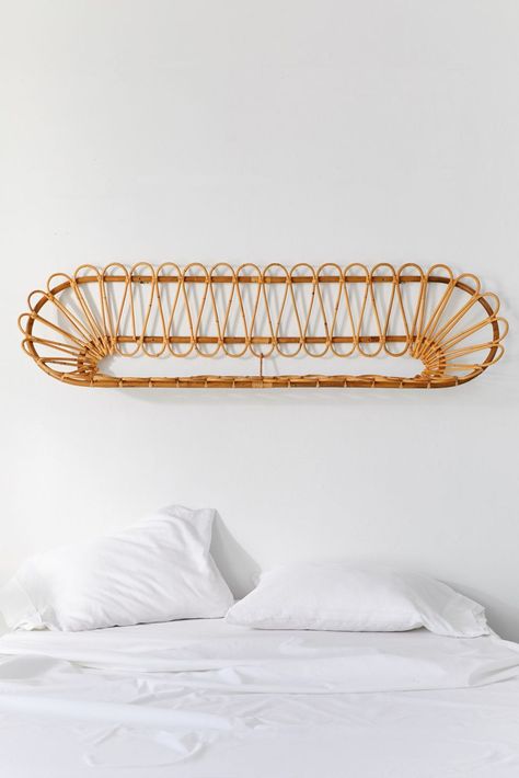 Above Headboard Decor, Mountain Room, Circle Wall Shelf, Hanging Shelf Kitchen, Rattan Wall Shelf, Bamboo Headboard, Antique Headboard, Vintage Headboards, Headboard With Shelves