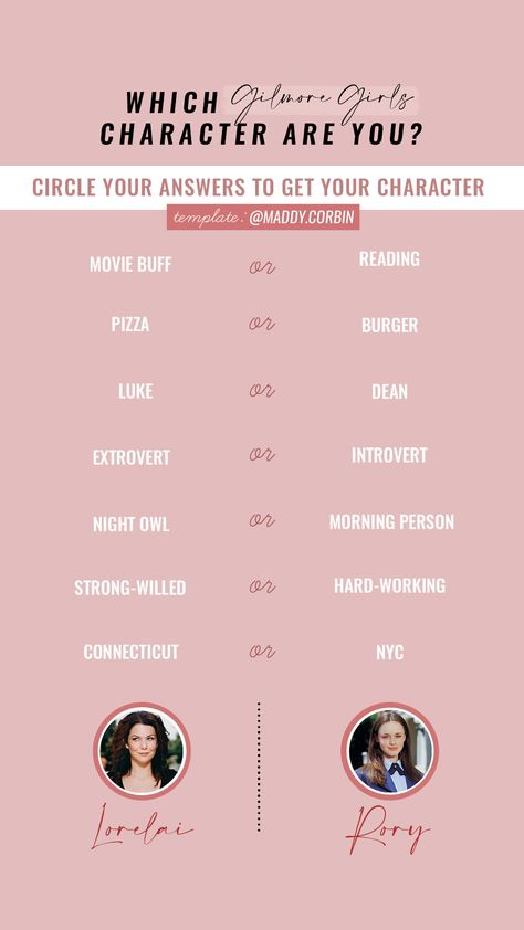 Instagram Story Templates by (maddy.corbin) Follow for more! #instagramstorytemplates #storytemplates #gilmoregirls Tv Challenge, Couples Quizzes, Gilmore Girls Characters, Watch Gilmore Girls, Which Character Are You, Enneagram 9, Turning 21, Fun Questions, Best Friend Challenges