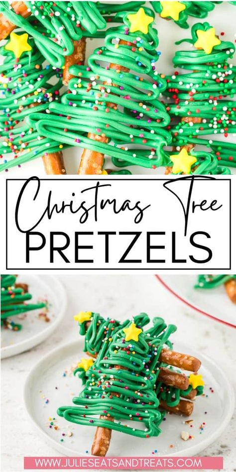 Christmas Tree Pretzels are a quick and easy, no-bake holiday treat. Enjoy them alone or put them on top of cupcakes for a fun Christmas topper. With only four ingredients Christmas treats don't get easier or cuter than this. Pretzel Christmas Trees, Christmas Tree Pretzels, Tree Pretzels, Pretzel Christmas, Christmas Pretzels, Fun Holiday Treats, New Year's Desserts, Easy Christmas Treats, Holiday Sprinkles