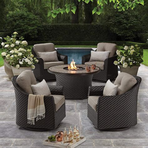 AmazonSmile : Member's Mark Agio Heritage 5-Piece Outdoor Fire Pit Chat Set with Sunbrella Fabric : Garden & Outdoor Fire Pit Sets, Fire Pit Furniture, Patio Fire Pit, Best Outdoor Furniture, Outdoor Couch, Outdoor Patio Furniture Sets, Backyard Fire, Fire Pit Backyard, Outdoor Patio Decor