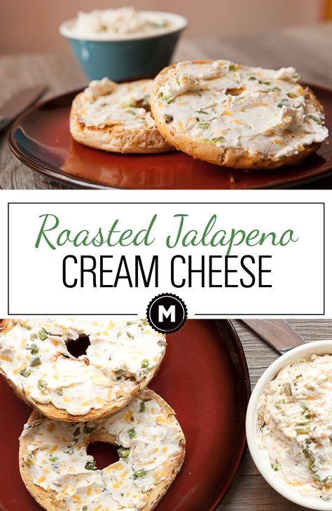 Jalapeno Cream Cheese - roasted jalapenos and cheddar mashed in with cream cheese is the perfect savory topper for toasted bagels! Roasted Jalapenos, Jalapeno Cream Cheese, Cream Cheese Spread Recipes, Bagel Spread, Cheesy Breakfast, Cheese Spread Recipes, Flavored Cream Cheeses, Cheese Spreads, Roasted Jalapeno