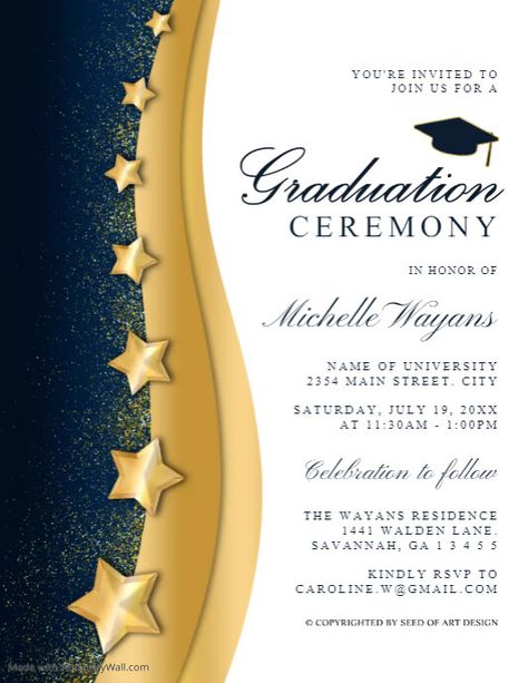 Blue & Gold Stars Glitter Graduation Ceremony Celebration Invitation, blue gold graduate invitation party, graduation flyer templates, digital download, instant download, editable templates, graduation event flyers, graduation formal elegant classy invitations, grad party invitation flyer. Graduation Ceremony Invitation, Classy Invitations, Grad Party Invitations, Investiture Ceremony, Graduation Dinner, Stars Glitter, Ceremony Invitation, Blue Graduation, Grad Invitations