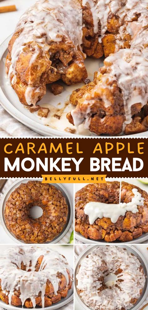 Indulge in this pull-apart bread! It's an easy fall recipe featuring cinnamon rolls. Ooey-gooey, sweet, and buttery, this Caramel Apple Monkey Bread is an irresistible apple breakfast idea or apple dessert recipe! Apple Monkey Bread, Pumpkin Monkey Bread, Pumpkin Crockpot, Easy Monkey Bread, Pumpkin Spice Recipe, Gooey Caramel, Canned Biscuits, Biscuit Dough, Pumpkin Butter