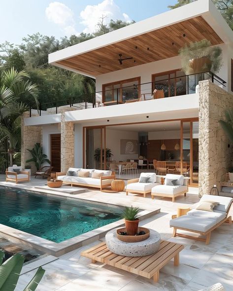 Small Villa With Pool, Mexico Beach House, Small Apartment Building, Cahuita, Mexico House, Outdoor Space Design, Luxury Beach House, Modern Villa Design, Rest House