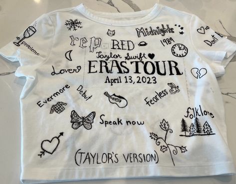 Hi! This is the shirt I wore to taylors concert. I made it myself. comment if you want one! :) Taylor Swift Concert Tshirt Ideas, Eras Tour T Shirt Ideas, Taylor Swift T Shirt Diy, Taylor Swift Diy Tshirt, Taylor Swift Shirt Ideas Diy, Diy Eras Tour Shirt, Taylor Swift Tshirt Ideas Diy, Homemade Taylor Swift Shirts, Taylor Swift Diy Shirt