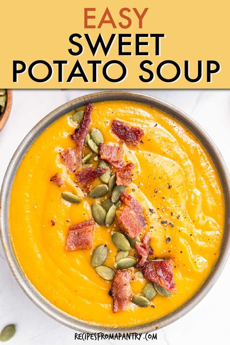 This creamy sweet potato soup is just what you need on a chilly Fall evening. Loaded with sweet potatoes, carrots, leeks, and a hint of ginger, it’s topped with crispy bacon and pumpkin seeds for the perfect blend of flavors and textures. Super easy to make and adaptable for gluten-free, vegetarian, and dairy-free diets. Whether it's for a cozy dinner or a comforting lunch, this soup is going to become a family favorite. #SoupRecipe #ComfortFood #SweetPotatoSoup #Fall Sweet Potato Soup Recipes Easy, Easy Sweet Potato Soup, Egg Recipes For Lunch, Weight Watchers Crock Pot Recipes, Vegetarian Slow Cooker Recipes, Sweet Potato Soup Recipes, Easy Sweet Potato, Fall Meal, Easy Main Dishes