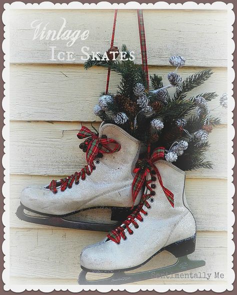 Christmas Skating, Tartan Ribbon, Vintage Ice Skating, Christmas Ice Skates, Christmas Sled, Ribbon Laces, Winter Door, Christmas Porch Decor, Ice Skate