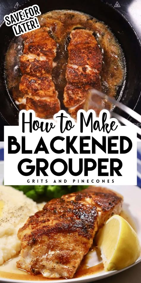 Blackened grouper is a quick and easy seafood dish that takes less than 20 minutes to prepare. It is a simple recipe for a weeknight dinner and also special enough for a dinner party. The fresh grouper is coated in a blackening seasoning and pan seared in a cast iron skillet to seal in all the briny sweetness of the fish. It is truly an easy and delicious main dish recipe! Blackened Grouper, Cheesy Crab Dip, Grouper Fish Recipes, Grouper Recipe, Grouper Recipes, Grouper Fillet, Blackening Seasoning, Fish Seasoning, Blackened Fish