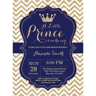 Prince Baby Shower Invitation with Navy and Gold Glitter Chevron background. For further customization, please click the "Customize it" button and use our design tool to modify this template. Royal Baby Shower Invitation, Momma Mia, Prince Baby Shower Invitations, Navy Invitation, Boy Baby Shower Ideas, Boy Shower Invitations, Custom Baby Shower Invitations, Royal Baby Showers, Baby Shower Purple