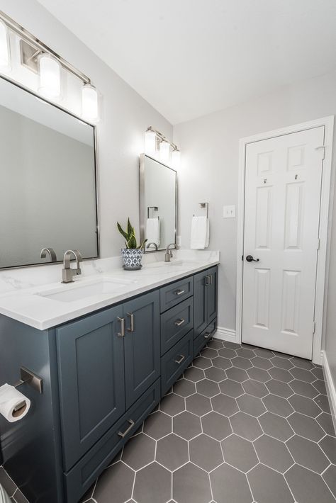 Marine Grey Bathroom Vanity, Classic Bathroom Design Master Bath, Bathrooms With Blue Vanity, Navy Hexagon Tile Bathroom, Bathroom Remodel Blue Vanity, Grey Hexagon Bathroom Floor, Navy Bathroom Walls, Grey Hexagon Tile Bathroom Floor, Bathroom Transom