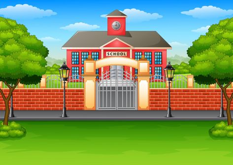 Yard With Trees, Vector Building, Village School, School Building Design, School Background, Cartoon Trees, House Cartoon, School Illustration, School Cartoon