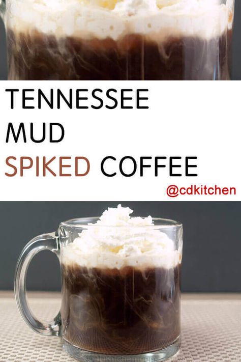 Tennessee Mud Spiked Coffee - This boozy coffee will definitely warm you up on a cold day. It's made with coffee, amaretto, and whiskey and topped with some fluffy whipped cream. Made with amaretto, whiskey, hot coffee, whipped cream | CDKitchen.com Spiked Coffee Recipe, Alcoholic Coffee Drinks, Spiked Coffee, Hot Coffee Drinks, Slim Down Drink, Coffee With Alcohol, Banana Drinks, Whiskey Drinks, Coffee Drink Recipes