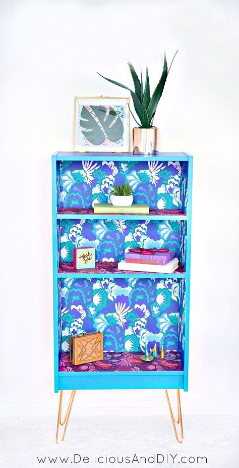 Diy Bookshelf Makeover, Using Peel And Stick Wallpaper, Diy Bookcase Makeover, How To Wallpaper, Bookshelf Makeover, Bookcase Makeover, Old Bookshelves, Diy Bookshelf, Ikea Bookcase