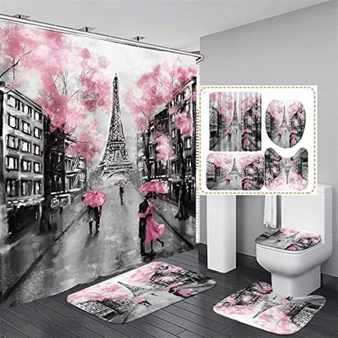 Amazon.com: 4Pcs Paris Eiffel Tower Pink Shower Curtain Sets Bathroom Set Decor with Non-Slip Rugs Bath U-Shaped Mat Toilet Lid Cover Waterproof Valentine Bathroom Curtains Shower Set with 12 Hooks, 70.8×70.8 : Home & Kitchen Parisian Bathroom Decor, Romantic Bathroom Decor, Parisian Bathroom, Bathroom Shower Mat, Romantic Bathrooms, Pink Shower Curtain, Pink Shower Curtains, Pink Showers, Shower Curtain Sizes