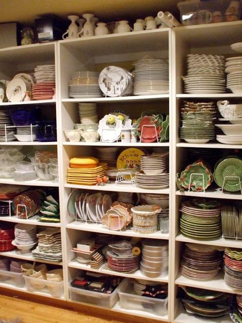 Dining Room Dish Storage, Storing Dishes In Cabinets, China Organization Ideas, Dish Room Ideas, Dish Pantry Organization, China Storage Ideas, Dish Pantry, Dish Room, Cheap Bookshelves