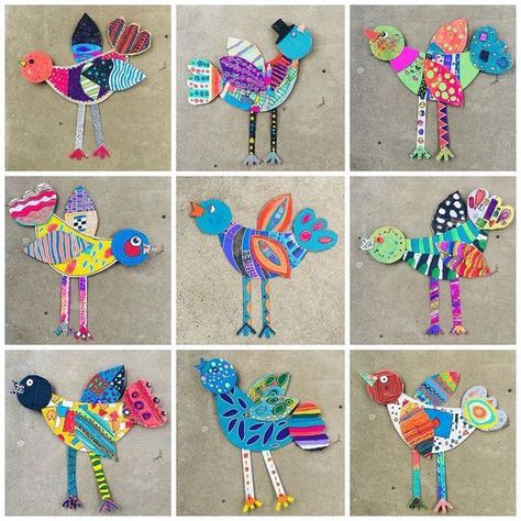 Cardboard Elementary Art Projects, 4th Grade Spring Art Projects, 1st Grade Art Projects Spring, Thankful Art Projects, Bird Art Projects For Kids, Bird Art Lesson, Bird Art For Kids, Bird Craft, Kindergarten Art Lessons