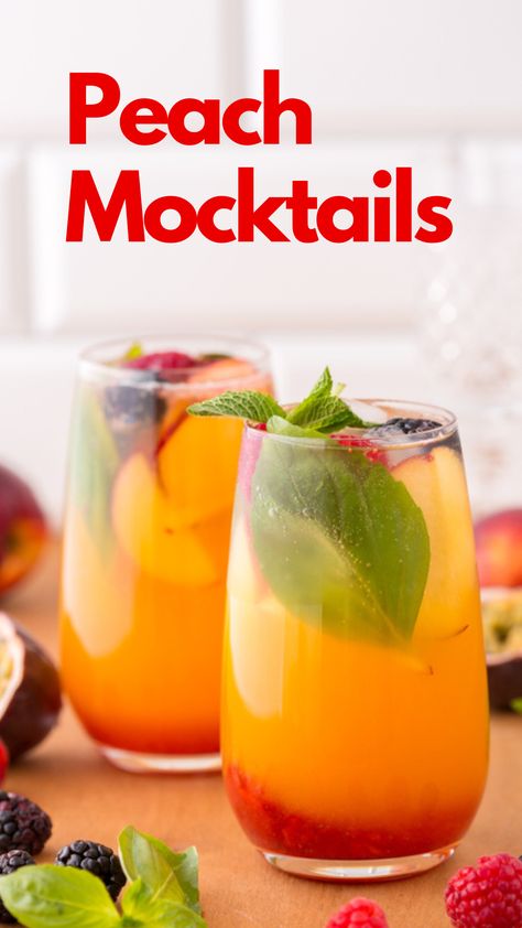 Peach Mocktails Easy Mocktails, Easy Mocktail Recipes, Mojito Mocktail, Peach Drinks, Iced Drinks Recipes, Peach Syrup, Peach Sangria, Peach Ice Tea, Peach Puree