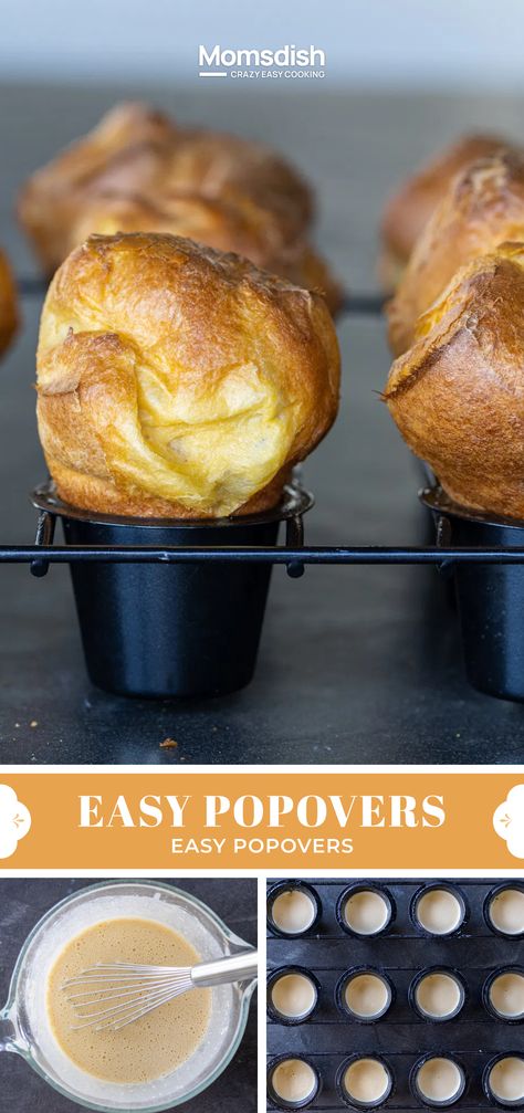 Five minutes and four ingredients are all you need to make these delicious and crazy easy popovers! They're a great bread roll-like option to complement any dish. Small Batch Popovers, Best Popovers, Popovers Recipes Muffin Tins, Pop Overs In Muffin Tin Popover Recipe, English Popovers, Best Popover Recipe, Pop Overs Recipe Muffin Tin, Popovers Recipes Easy, Pop Over Pan