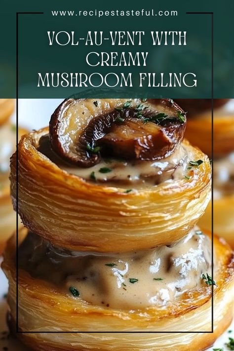 Delight in these elegant Vol-au-Vents filled with a rich and creamy mushroom mixture. Perfect as an appetizer or a light main course, this dish combines flaky puff pastry with savory mushrooms and a hint of Dijon mustard for a gourmet experience. Vol Au Vent Recipe, Mushroom Vol Au Vent, Mushroom Filling, Puff Pastry Shells, Vegetarian Chicken, Classic French Dishes, Pastry Shells, French Dishes, Vegan Main Dishes