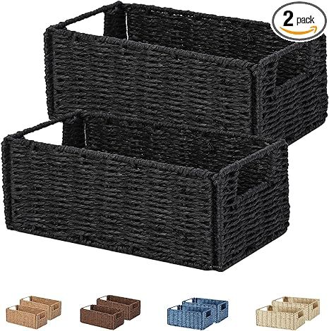 Amazon.com: Small Wicker Storage Baskets, Vagusicc Hand-Woven Paper Rope Storage Organizer Baskets Bins (Set of 2), Toilet Paper Small Wicker Baskets with Handles for Organizing Toilet Shelves Pantry, Black : Home & Kitchen Pantry Black, Small Storage Baskets, Shelves Pantry, Decorative Storage Bins, Wicker Baskets With Handles, Toilet Shelves, Small Storage Basket, Brown Baskets, Wicker Storage