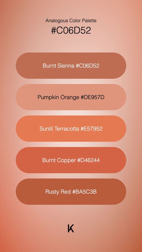 Analogous Color Palette Burnt Sienna #C06D52 · Pumpkin Orange #DE957D · Sunlit Terracotta #E57952 · Burnt Copper #D46244 · Rusty Red #BA5C3B Analogous Color Palette, Analogous Color, Hex Color Palette, Burnt Sienna, Hex Colors, Pumpkin Orange, Sun Kissed, Unique Colors, Color Palettes