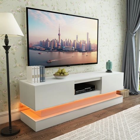 DANLONG Modern TV Stand for 50 55 inch TV with 16 Color LED Lights | Wayfair 55 Inch Tv Living Room, 55 Inch Tv, Led Lights White, Color Led Lights, Modern Tv Stand, Tv Stands And Entertainment Centers, Entertainment Centers, Modern Tv, Laurel Foundry Modern Farmhouse