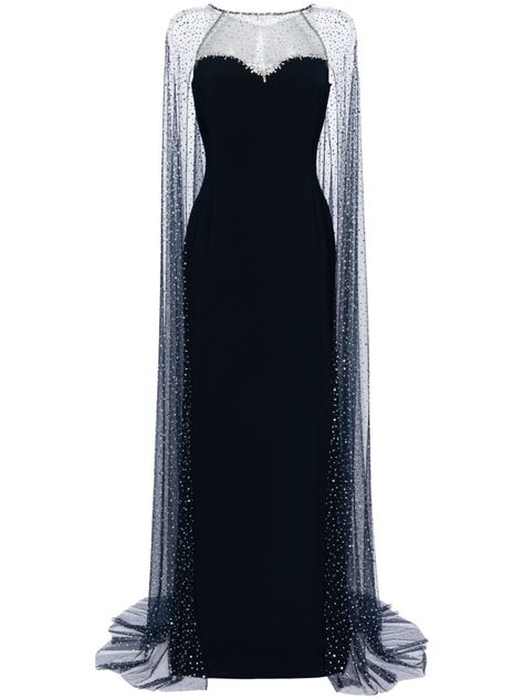 Jenny Packham Cordelia rhinestone-embellished Cape Gown - Farfetch Navy Blue Royal Dress, Black Dress Met Gala, Fall Gowns, Midnight Blue Gown, Dress Reference, Midnight Blue Dress, Gown Blue, Cape Designs, Cape Gown