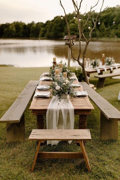 Outdoor Wedding Picnic Table Decor, Outdoor Lawn Wedding, Outdoor Wedding Picnic Tables, Rustic Wedding Picnic Table Decor, Picnic Table Wedding Ideas, Backyard Wedding Picnic, Picnic Tables For Wedding, Cottagecore Backyard Wedding, Backyard Small Wedding Ideas